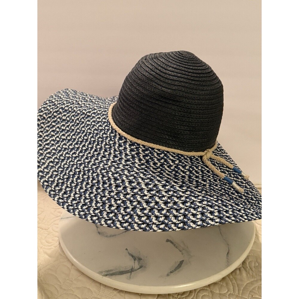 Echo Design Womens Beach Straw Hat Navy Blue White Elastic Band Sun Cap OS